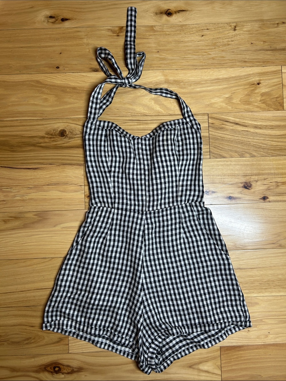 Reformation 100% Linen Black/White Checkered Halter Romper | Size 4